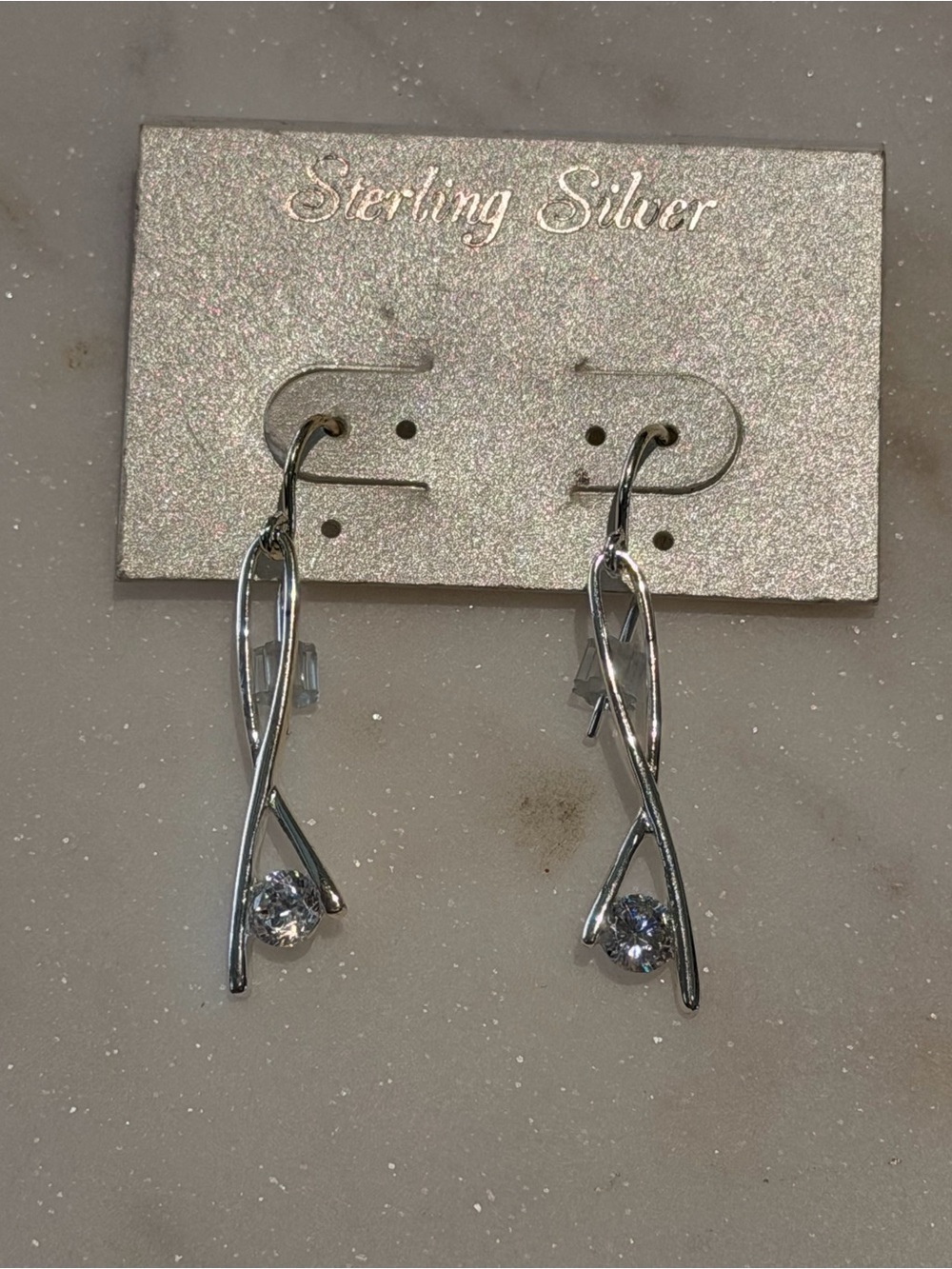 Sterling Silver 925 Twisted Drop Earrings with Clear Stone